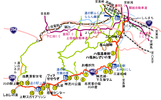 奥多野線観光スポット路線図